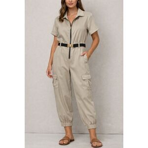 Chicme Beige Utility Jumpsuit Womens XL Zip Front Cargo Pockets Belted